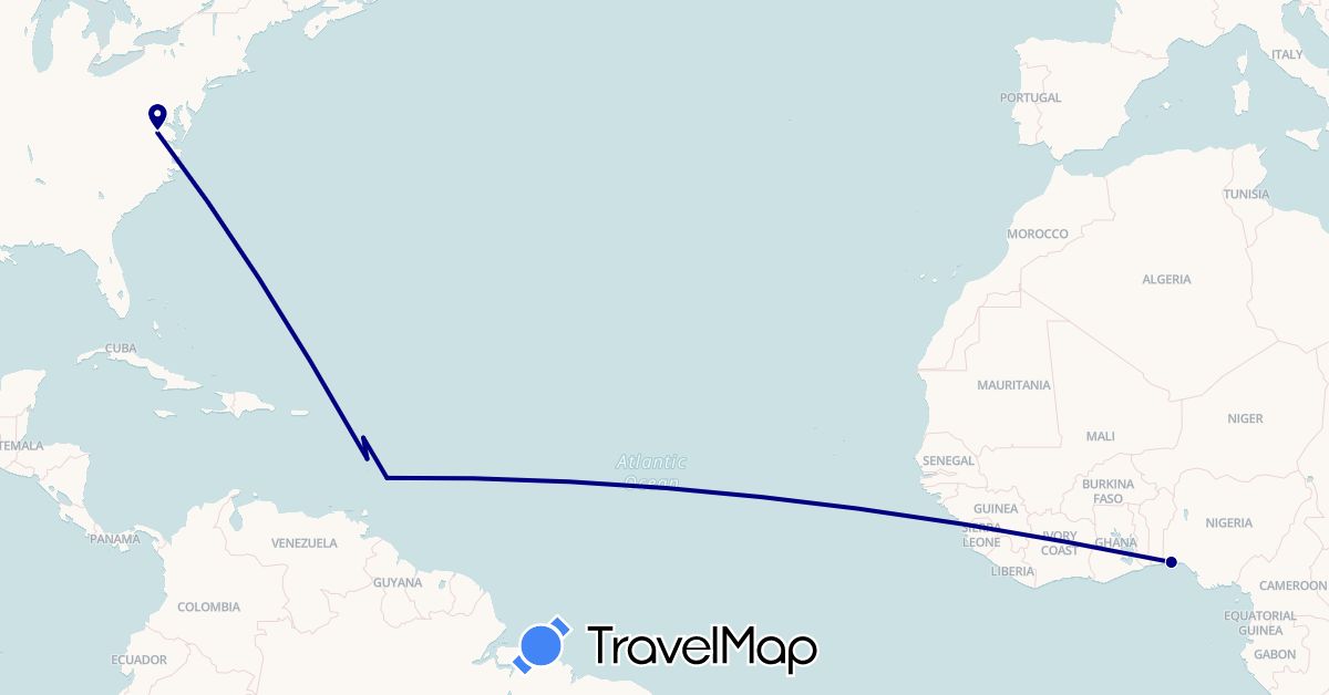 TravelMap itinerary: driving in Barbados, France, Nigeria, United States (Africa, Europe, North America)